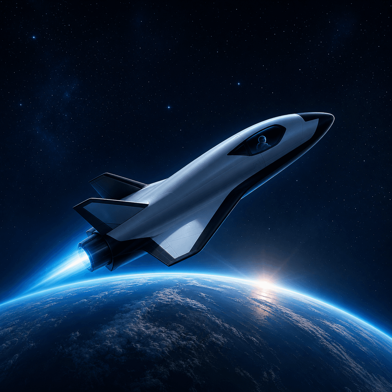 A spacecraft-inspired vehicle flying above Earth toward the Moon